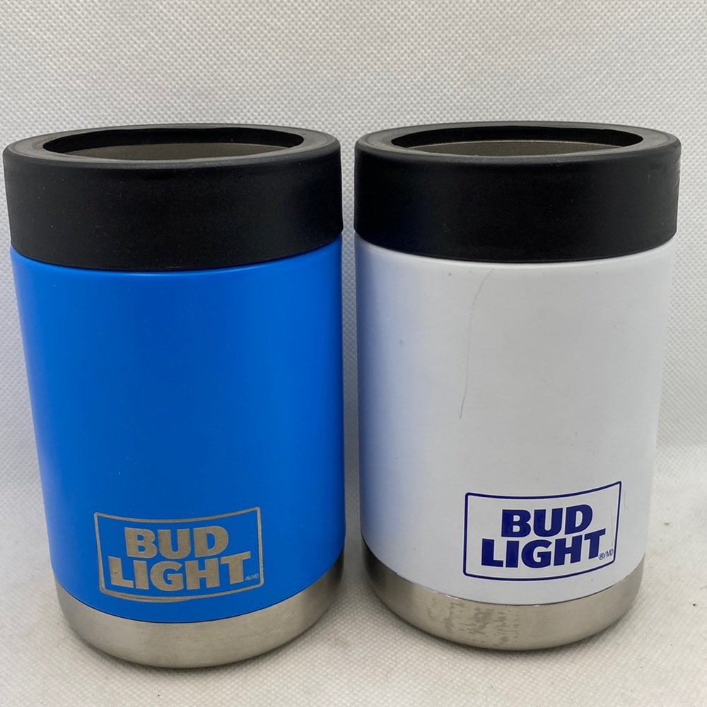 Bud Light Beer Insulated Metal Can Holders 1 Blue 1 White